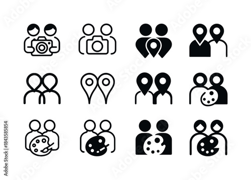 Couple Hobby Icons. Couples sharing hobbies like photography, tr