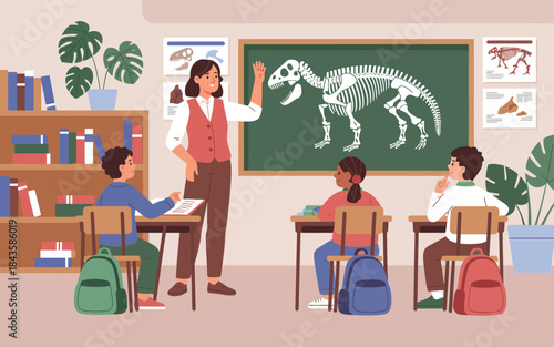 An engaging classroom scene where a teacher is explaining the anatomy of a dinosaur to enthusiastic students seated at desks, showing a fun learning environment.