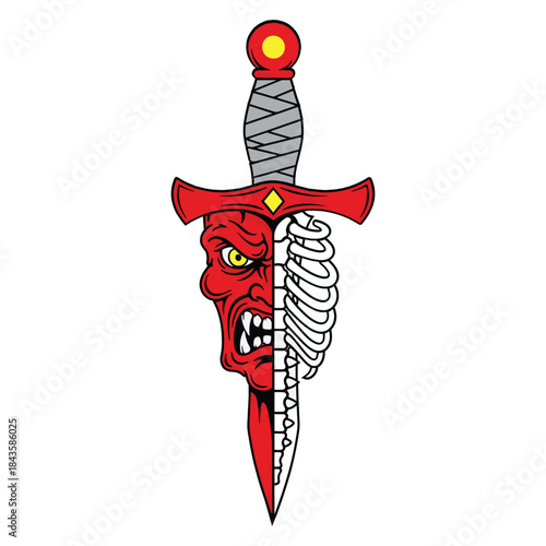 Traditional tattoo style dagger with red devil face reflection. Demon sword weapon vector illustration isolated on white background. Old school ink art of sharp knife blade with evil satanic spirit.