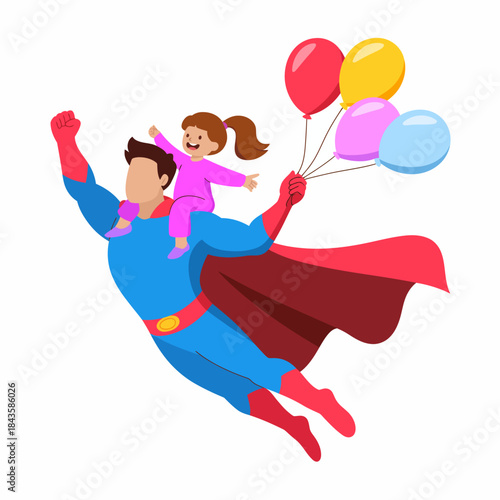 This uplifting illustration depicts a superhero carrying a child while holding colorful balloons, symbolizing adventure, joy, and the imagination of childhood dreams.