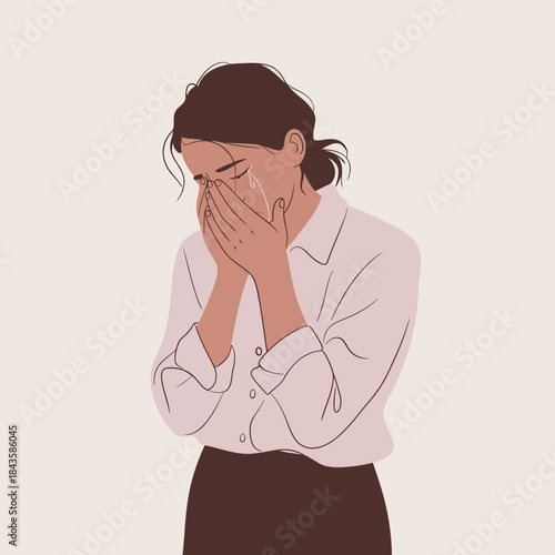 A woman expressing deep emotional pain as she covers her face with her hands, illustrating the vulnerability and struggle of dealing with difficult feelings in life.