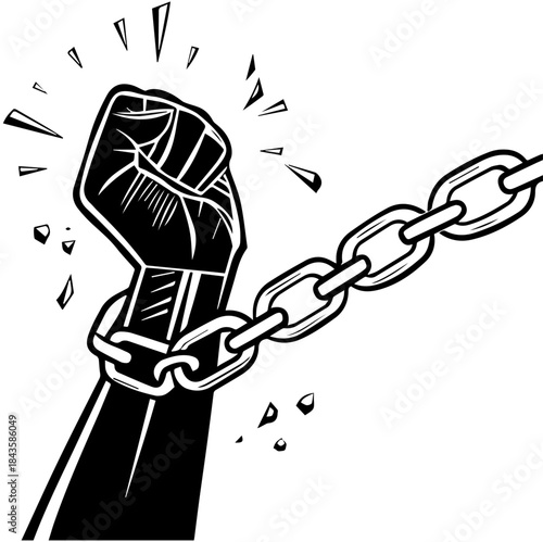 Clenched Fist Breaking Chain – Black and White Symbolic Vector