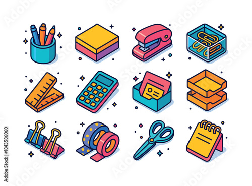 Colorful Desk Icons. Portable desk accessories. Colorful isometr