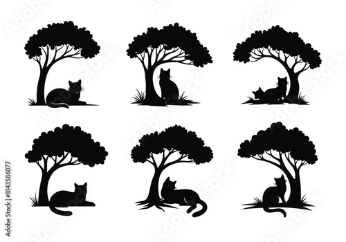 Black cat silhouettes, tree variations, feline poses, abstract nature design, minimal vector art, creative animal graphics, grid composition
