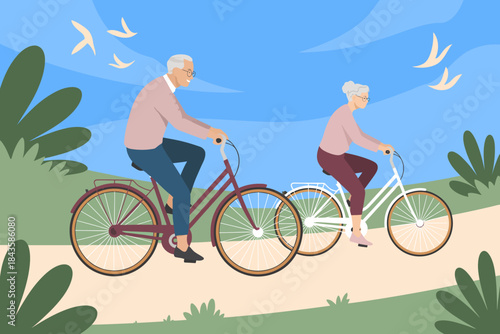 An elderly couple rides bikes together in a scenic outdoor setting, illustrating love, companionship, and the joy of staying active in later years.