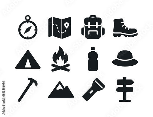 Hiking Icon Set. Hiking. Solid icon set of Hiking: compass, map,