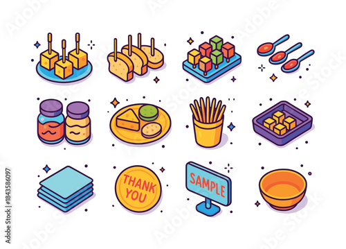 Colorful Food Sampling Icons. Food Sampling. Colorful isometric