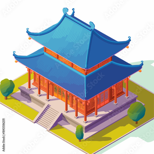A beautifully designed Asian-style building with an elaborate blue roof, showcasing traditional elements and architectural artistry that reflect cultural heritage and elegance.