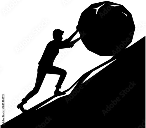 Person Pushing Boulder Uphill – Black Silhouette Vector