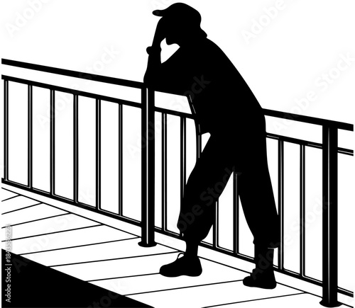 Person Leaning on Railing – Black Silhouette Vector