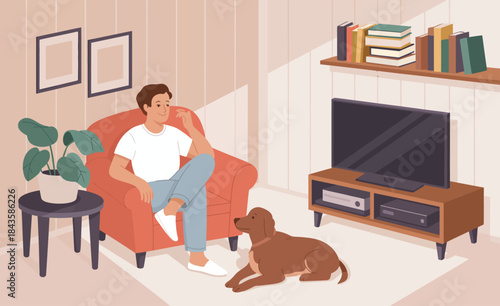 This image portrays a relaxed man sitting in a cozy living room with his loyal dog, encapsulating the warmth of companionship and the comfort of home life.