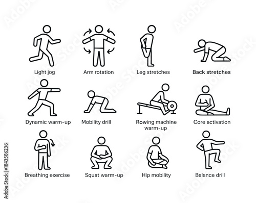 Rowing Warm-Up Icons. Rowing warm-up routines. Line icon set of
