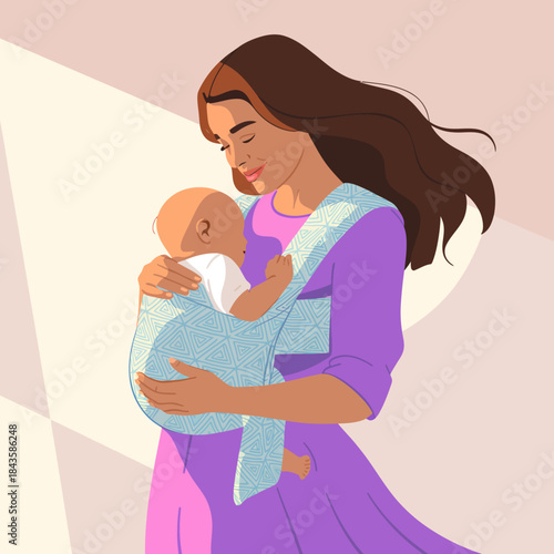 A tender moment captured of a mother wearing her baby in a soft sling, showcasing nurturing love and connection between them in a warm and serene atmosphere.