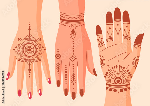 Three hands adorned with beautiful henna patterns celebrate cultural artistry, capturing the elegance and tradition that henna designs represent in various celebrations.