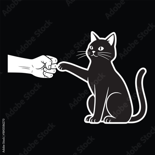 Naughty black cat pushing glass off table. Funny minimal silhouette vector illustration of feline behavior. Cute pet animal knocking things over. Mischievous kitty character isolated on white.