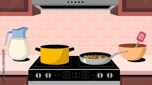 This image depicts a modern kitchen scene featuring a bright yellow pot, a frying pan with colorful vegetables, and a pitcher of milk, creating an inviting atmosphere for cooking.
