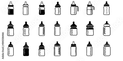 Baby bottle icons set black and white illustrations.