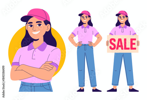 A cheerful salesperson stands confidently, promoting a sale and showcasing their professional attitude while engaging potential customers in a bright and positive environment.