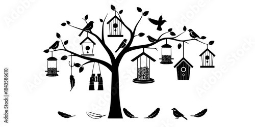 Birds feeders houses binoculars feathers tree vector
