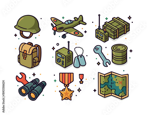 WWII Icon Set. World War II. Colorful isometric vector icons set