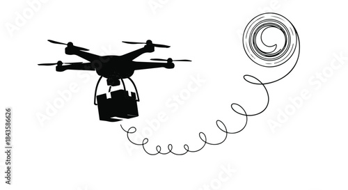 Drone delivering package with a whimsical swirling path