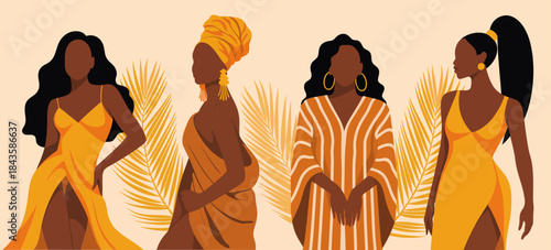 An artistic depiction of four elegant women in vibrant fashion styles, celebrating diversity and empowerment through their unique appearances and cultural representations.