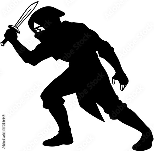Crouching Ninja with Sword – Black Silhouette Vector
