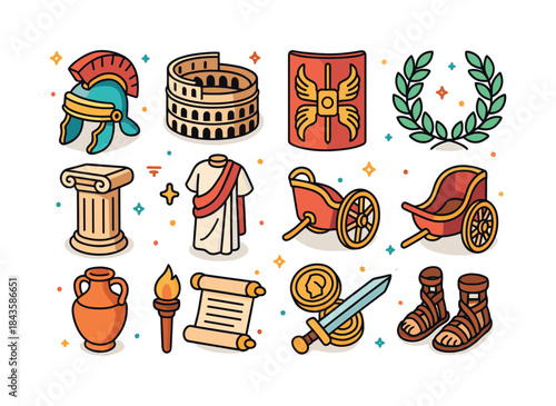 Roman Era Icon Set. Roman era reenactment. Colorful isometric ve