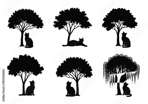 Black cat silhouettes, tree variations, feline poses, abstract nature design, minimal vector art, creative animal graphics, pattern composition, stock concept