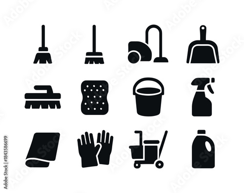 Cleaning Tools Icons. Cleaning Tools. Solid icon set of Cleaning