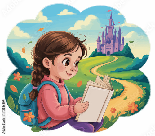 A cheerful girl with a backpack sits under a picturesque sky, engrossed in a storybook, embodying the essence of imagination and adventure in a fantastical landscape.