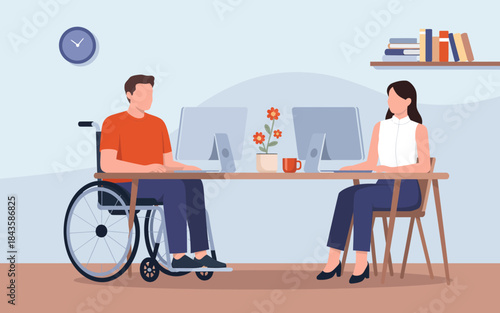 Two individuals with different abilities collaborate at a modern office workspace, showcasing inclusivity and teamwork in a professional and engaging environment filled with creativity.