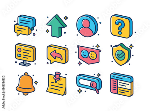 Isometric Forum Icon Set. Online forums. Colorful isometric vect