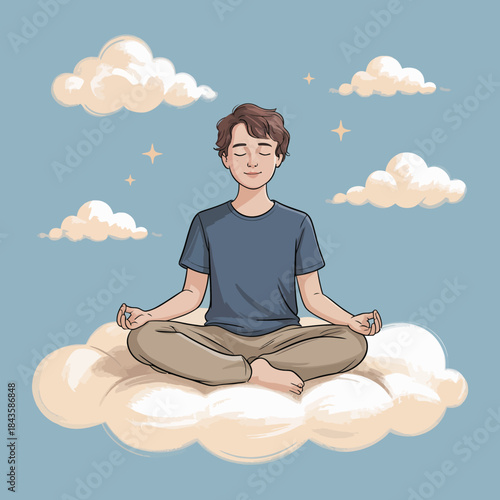 A young individual sits cross-legged on a fluffy cloud, meditating peacefully, surrounded by soft clouds, symbolizing tranquility, dreaminess, and the inner journey of mindfulness.