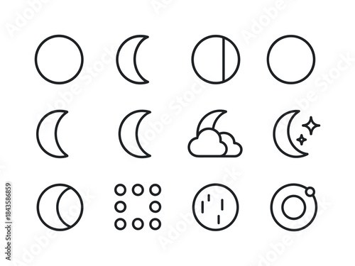 Moon Phases Icons. Moon. Line icon set of Moon: full moon, cresc