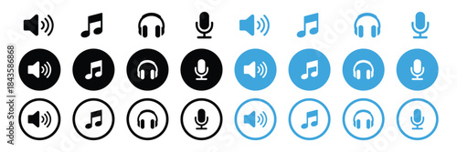 Audio icon set. sound, speaker, musical note, headphone, microphone symbol. Media control ui, ux icon set. vector illustration 