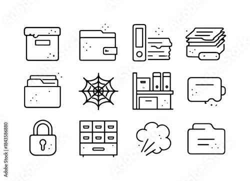 Dusty Archives Icons. Dusty archives. Line icon set of dusty arc
