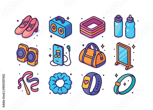 Dance Accessory Icons. Dance accessories. Colorful isometric vec