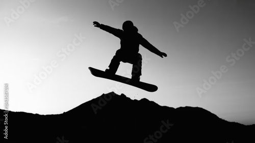 Silhouette of a snowboarder jumping over a mountain peak against a bright sky