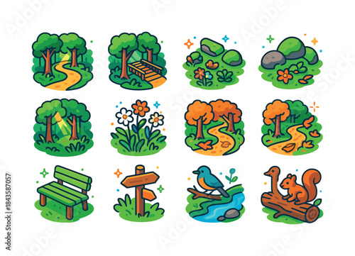 Forest Trail Icons. Forest paths and trails with sun-dappled lig