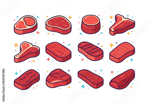 Colorful Steak Icon Set. Steak types. Colorful isometric vector