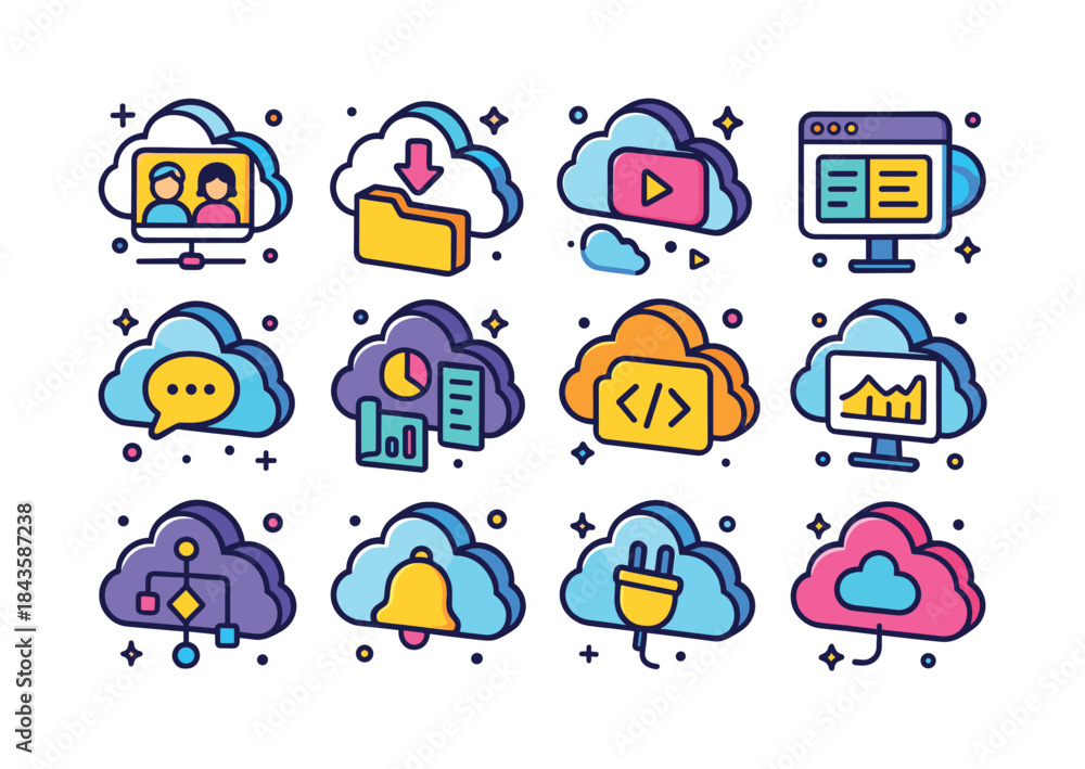 Fototapeta premium Colorful Cloud Icons. Cloud applications. Colorful isometric vec
