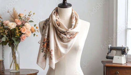 Elegant floral scarf on mannequin with vintage decor, and white background.