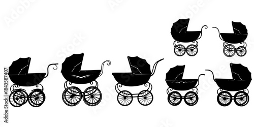 Six vintage baby stroller silhouettes collection.