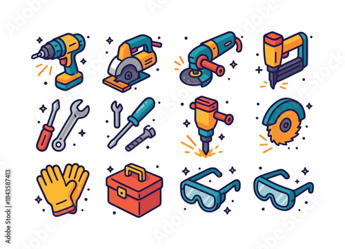 Colorful Power Tools Icons. Power tools at work. Colorful isomet