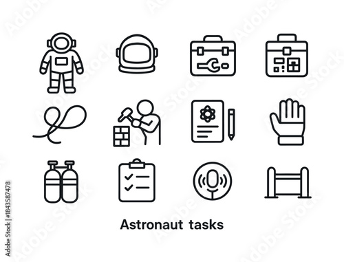 Astronaut Task Icons. Astronaut tasks. Line icon set of Astronau