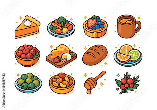 Seasonal Food Icons. Seasonal Foods. Colorful isometric vector i