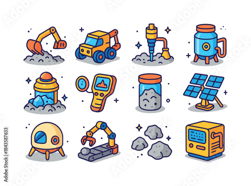 Lunar Mining Icons. Lunar Resource Extraction. Colorful isometri
