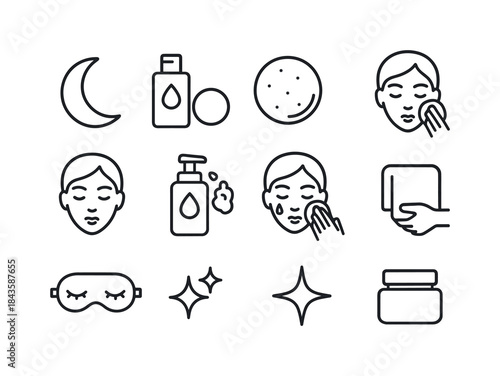Night Skincare Icons. Night cleansing. Line icon set of night cl