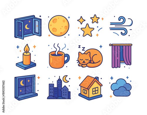 Peaceful Night Icons. Peaceful Night. Colorful isometric vector